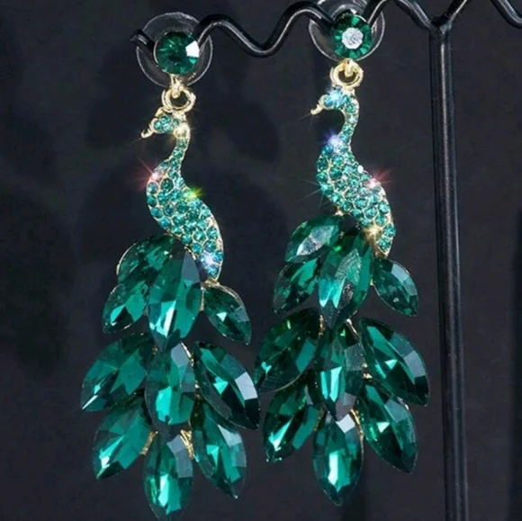 Sparkling Emerald Peacock Earrings - Picture 1 of 4